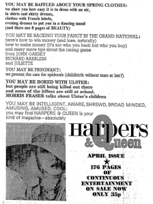 Harpers & Queen advert for an issue including Dr Morris Fraser on Ulster's children, 29 March 1973