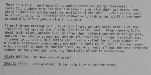 Youth Service Provision for Young Homosexuals in Earl's Court, Submission of Evidence & Proposals - A Working Party instigated by Sir Harold Haywood OBE, Appendix IV 'The Earl's Court Gay Help Service by Nucleus'